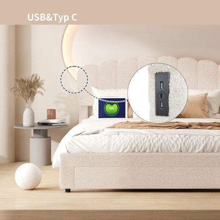 Lit 2 places 140x200 avec tiroir – Tête de lit teddy Molletonnée réglable beige