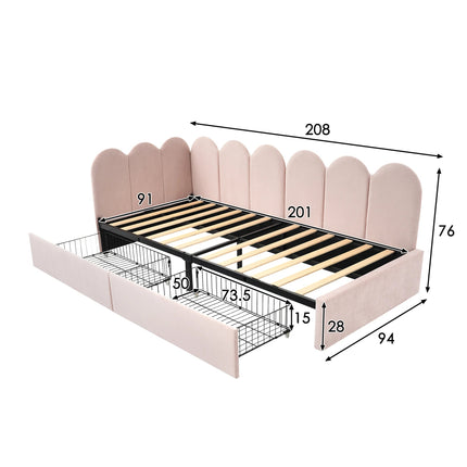 Lit 1 place 90x200 – Lit gigogne extensible avec rangements et dossier capitonné