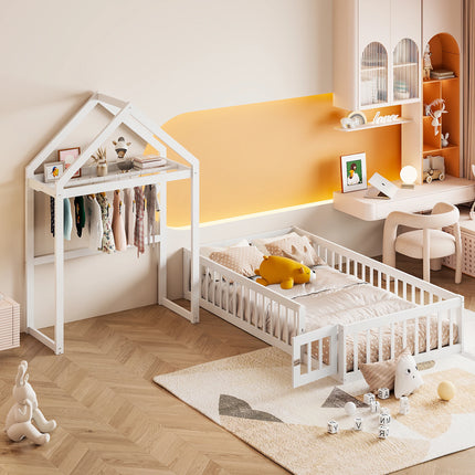 Lit cabane 90x200 en bois – Avec barrières sécurisées Blanc ou Gris