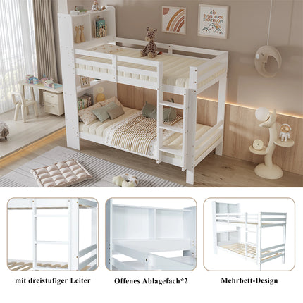 Lit mezzanine 2 lits 1 place 90x200 – Bois blanc avec rangements intégrés