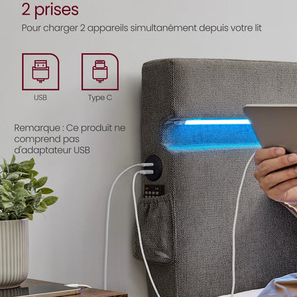 Lit 1 place 90x190 – Structure métal avec LED, USB & Type-C Gris