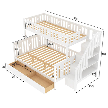 Lit cabane superposé 90x200 et 140x200 – Modèle blanc avec barrière & escalier rangement