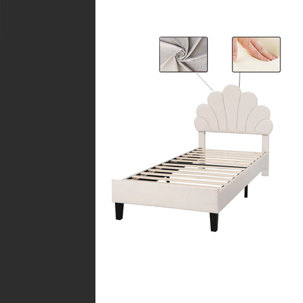 Lit 1 place 90x200 – Velours avec tête de lit fleur rembourrée Vieux rose ou Beige