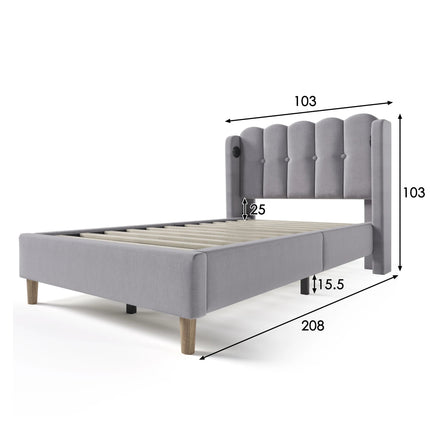 Lit 1 place 90x200 – Tête de lit rembourrée avec ports USB & Type-C Gris