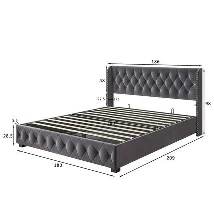 Lit 2 places 180x200 avec rangement – Velours gris capitonné