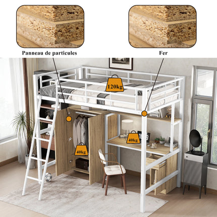 Lit mezzanine 1 place 90x200 – Métal blanc avec bureau, armoire et rangements