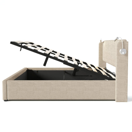 Lit coffre 2 places 160x200 avec rangement – Tissu beige avec lampe & USB