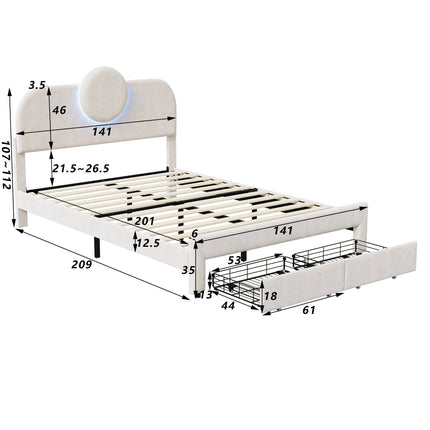 Lit 2 places 140x200 en velours avec rangement – Tête ronde LED
