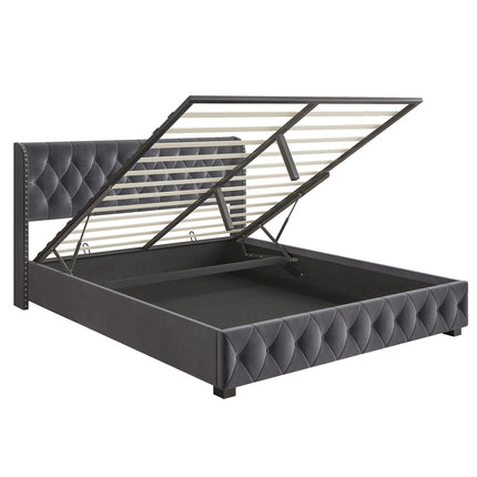 Lit 2 places 180x200 avec rangement – Velours gris capitonné