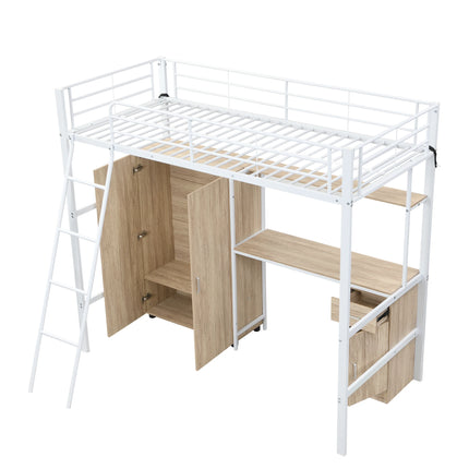 Lit mezzanine 1 place 90x200 – Métal blanc avec bureau, armoire et rangements