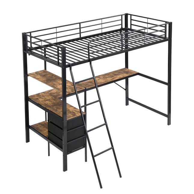 Lit mezzanine 1 place 90x200 – Métal noir avec bureau et rangements