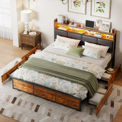 Lit 180x200 avec rangements – Capitonné noir et bois & LED avec tiroirs intégrés