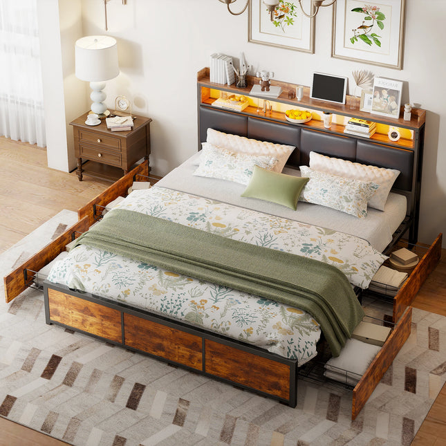 Lit 180x200 avec rangements – Capitonné noir et bois & LED avec tiroirs intégrés