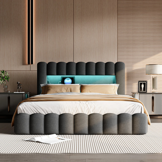 Lit coffre 2 places 140x200 avec rangement – LED & USB intégré