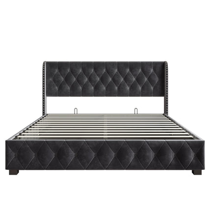 Lit 2 places 180x200 avec rangement – Velours gris capitonné