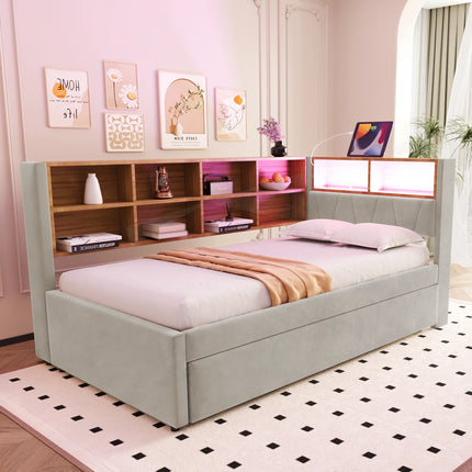 Lit gigogne 1 place 90x200 avec rangements et LED – Beige