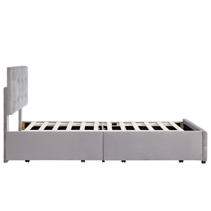 Lit 1 place 90x200 – Design capitonné en velours gris avec 2 tiroirs de rangement