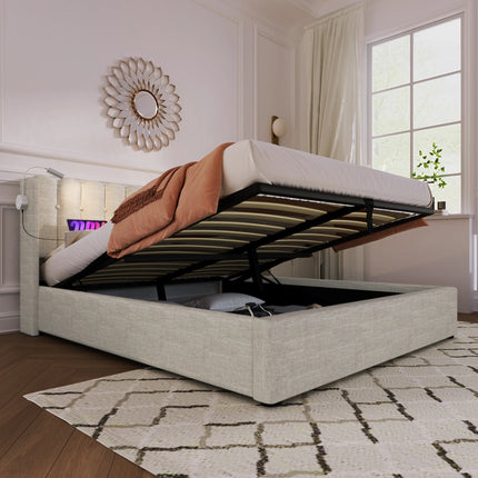 Lit coffre 2 places 160x200 avec rangement – Tissu beige avec lampe & USB