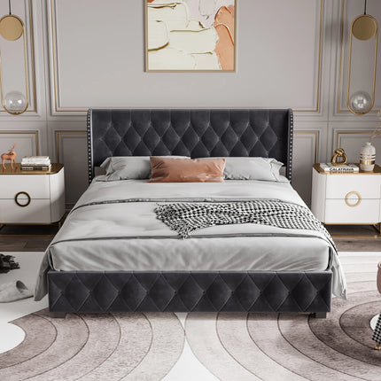 Lit 2 places 180x200 avec rangement – Velours gris capitonné