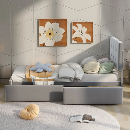 Lit 1 place 90x200 – Design capitonné en velours gris avec 2 tiroirs de rangement