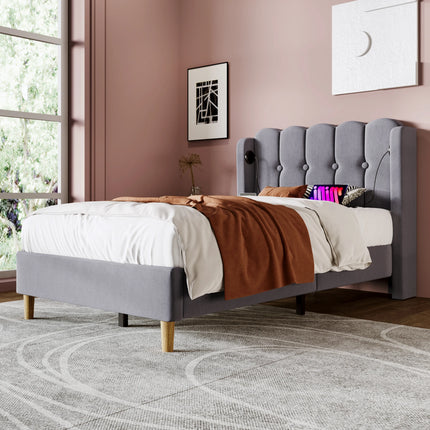 Lit 1 place 90x200 – Tête de lit rembourrée avec ports USB & Type-C Gris