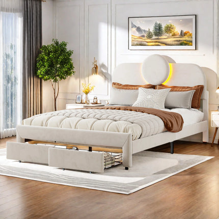 Lit 2 places 140x200 en velours avec rangement – Tête ronde LED