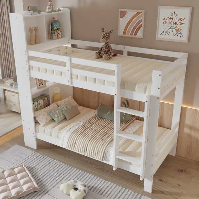 Lit mezzanine 2 lits 1 place 90x200 – Bois blanc avec rangements intégrés