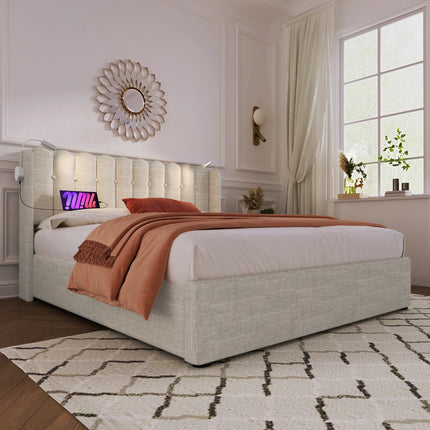 Lit coffre 2 places 160x200 avec rangement – Tissu beige avec lampe & USB