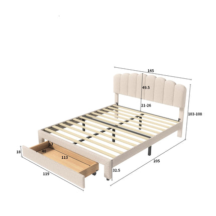 Lit 2 places 140x200 avec tiroir – Tête de lit teddy Molletonnée réglable beige