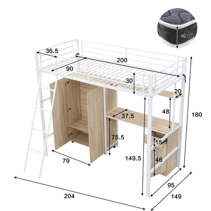 Lit mezzanine 1 place 90x200 – Métal blanc avec bureau, armoire et rangements