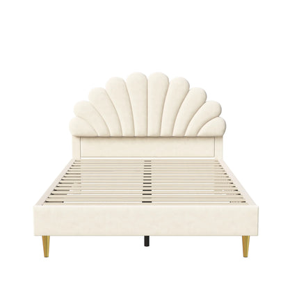 Lit 2 places 140x200 – Design pétale en velours beige