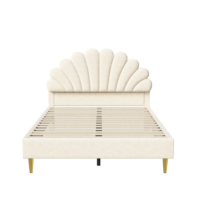 Lit 2 places 140x200 – Design pétale en velours beige