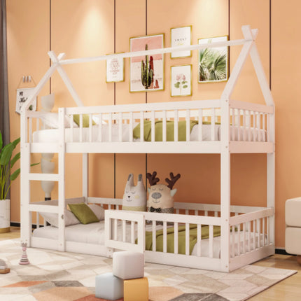 Lit mezzanine 2 lits 1 place 90x190 – Structure bois maison blanche