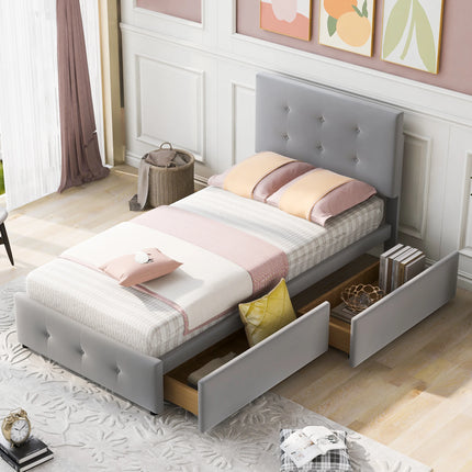 Lit 1 place 90x200 – Design capitonné en velours gris avec 2 tiroirs de rangement