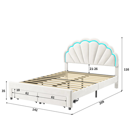 Lit 2 places 140x200 avec tiroir de rangement – Tête fleur LED