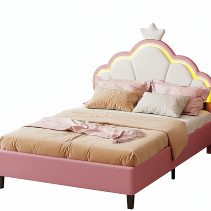 Lit 2 places 140x200 – Design princesse LED avec tête de lit couronne Rose