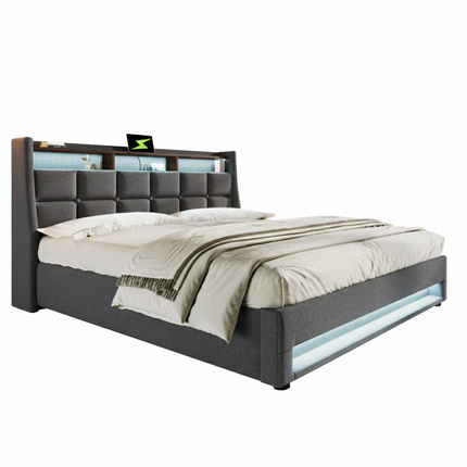 Lit coffre 180x200 avec rangement – Tissu Blanc ou Gris & LED