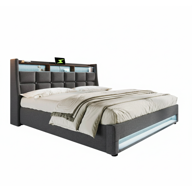 Lit coffre 140x200 avec rangement – Tissu Blanc ou Gris & LED