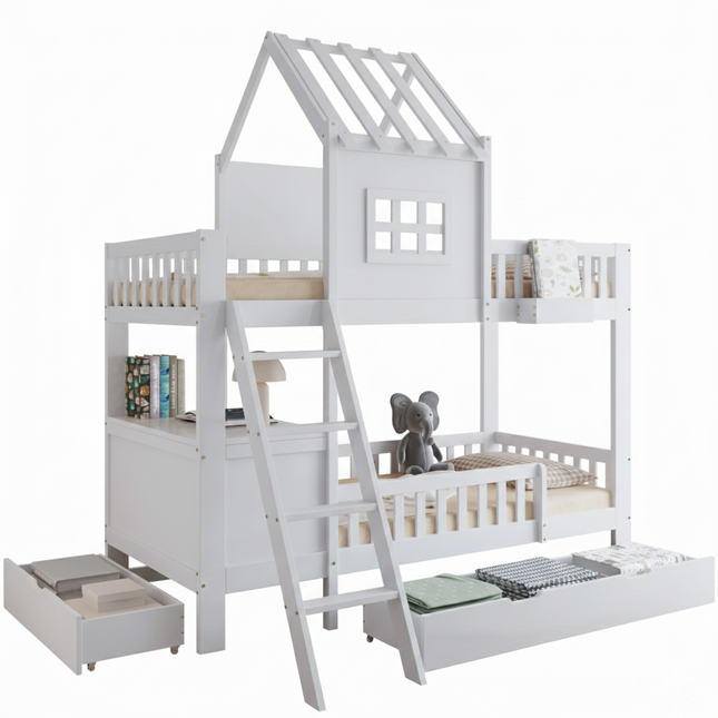 Lit Cabane Mezzanine 1 places 90x200 – 2 couchages Blanc