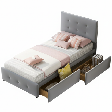 Lit 1 place 90x200 – Design capitonné en velours gris avec 2 tiroirs de rangement