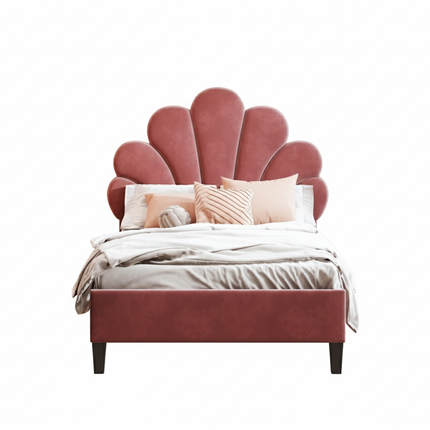 Lit 1 place 90x200 – Velours avec tête de lit fleur rembourrée Vieux rose ou Beige