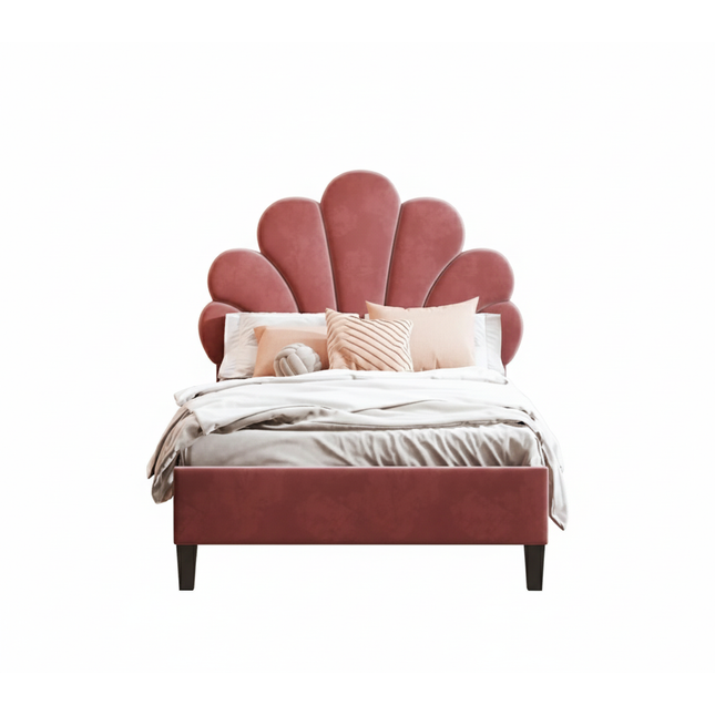 Lit 1 place 90x200 – Velours avec tête de lit fleur rembourrée Vieux rose ou Beige