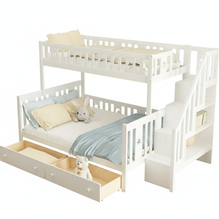 Lit cabane superposé 90x200 et 140x200 – Modèle blanc avec barrière & escalier rangement