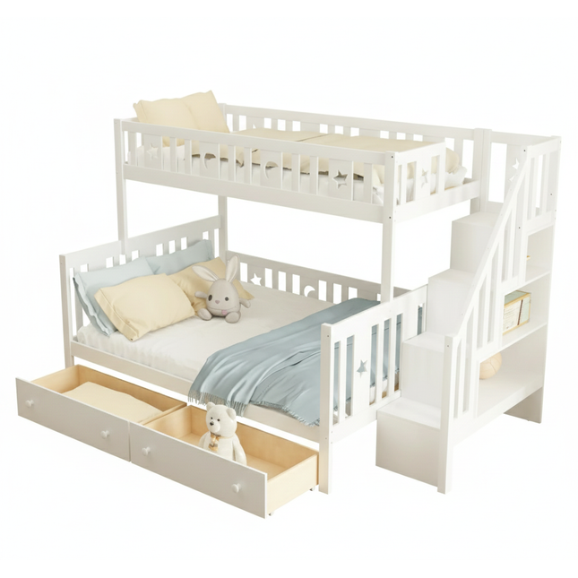 Lit cabane superposé 90x200 et 140x200 – Modèle blanc avec barrière & escalier rangement