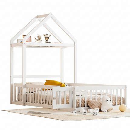 Lit cabane 90x200 en bois – Avec barrières sécurisées Blanc ou Gris