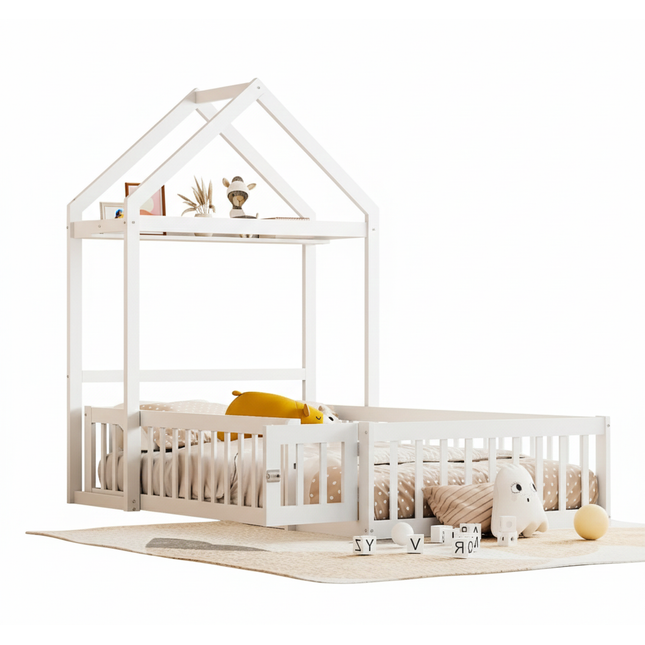 Lit cabane 90x200 en bois – Avec barrières sécurisées Blanc ou Gris