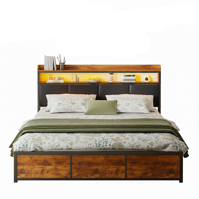 Lit 180x200 avec rangements – Capitonné noir et bois & LED avec tiroirs intégrés