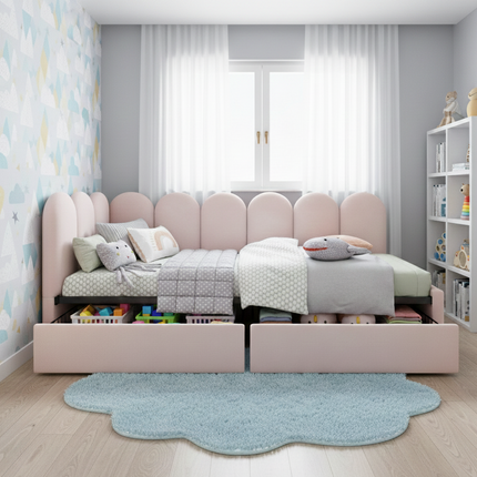 Lit 1 place 90x200 – Lit avec rangements et dossier capitonné