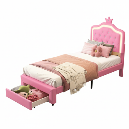 Lit 1 place 90x200 – Design princesse avec tiroir de rangement Rose