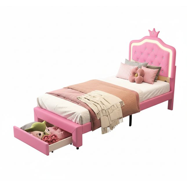 Lit 1 place 90x200 – Design princesse avec tiroir de rangement Rose